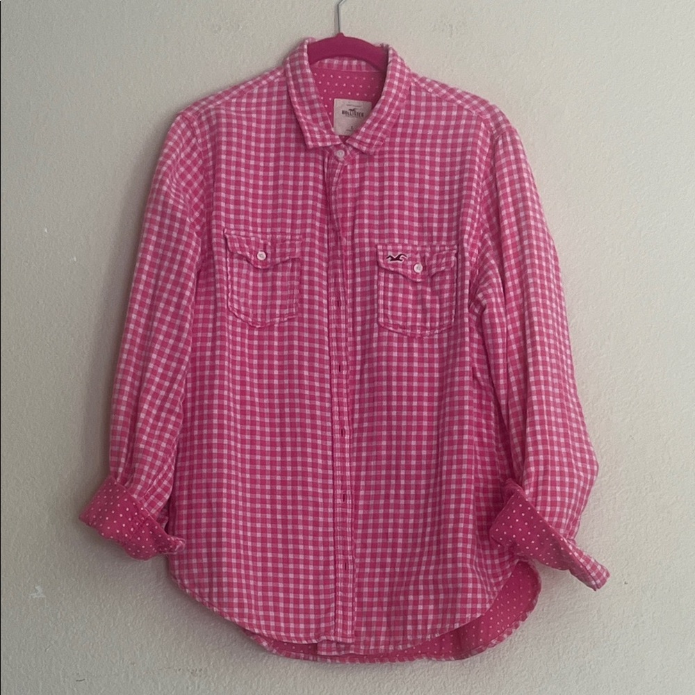 Hollister Y2K Pink Gingham Button Down Shirt, 100% Cotton, Large